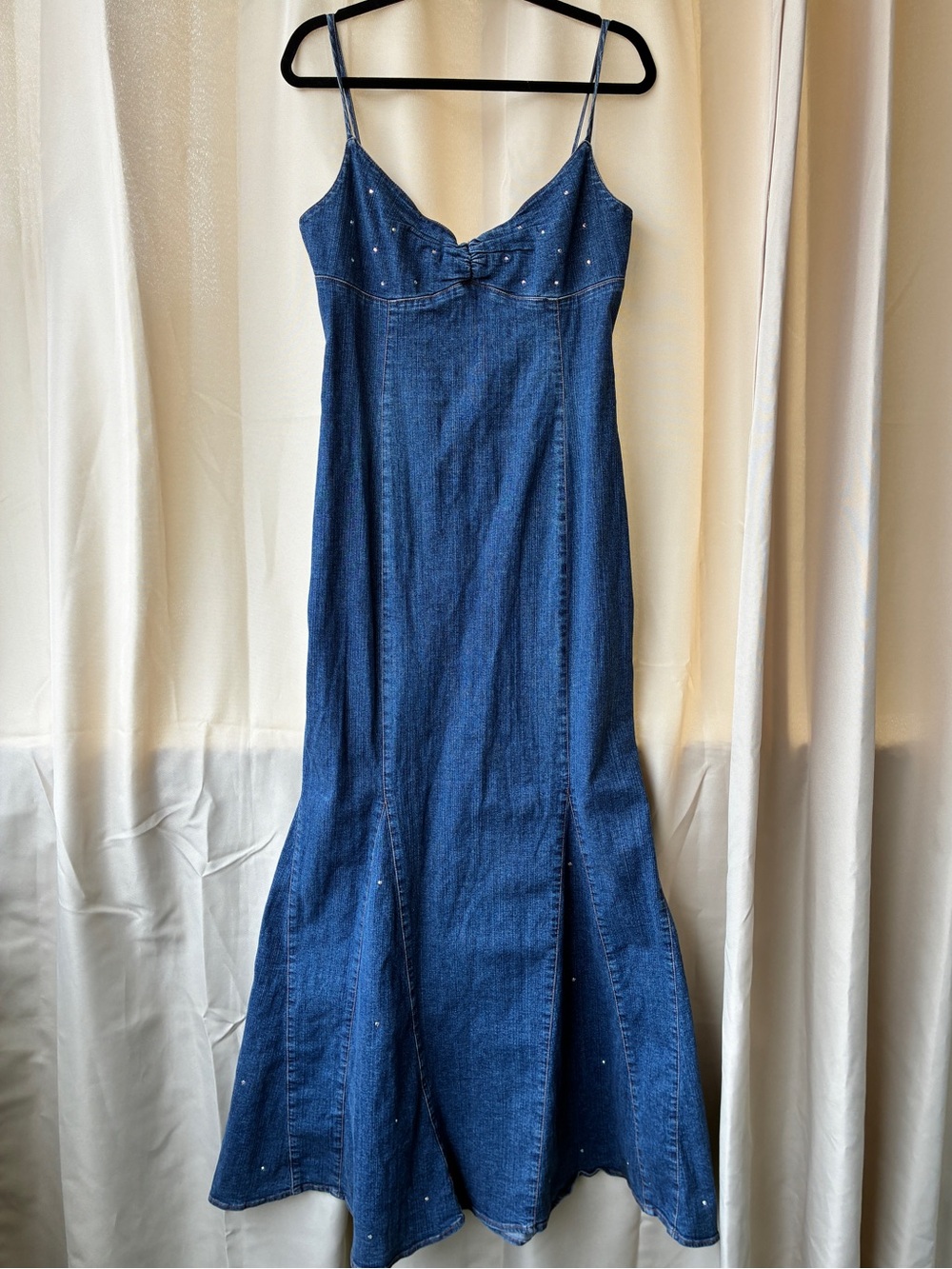 Vintage Y2K Stretch Denim Mermaid Hem Rhinestone Embellished Maxi Dress